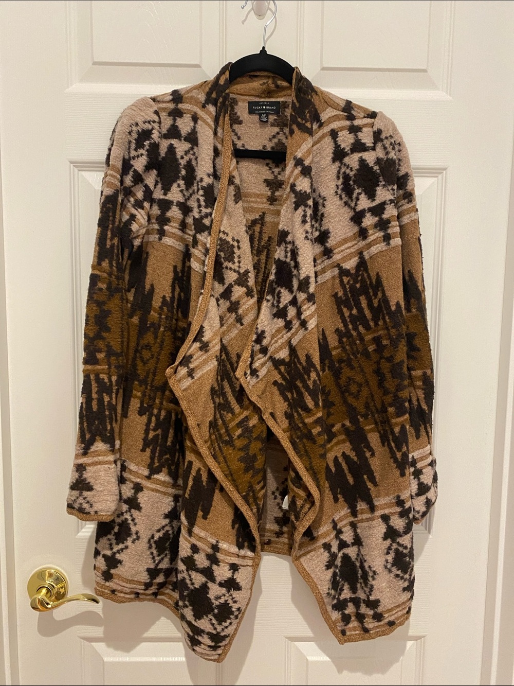 Lucky Brand Brown & Tan Aztec Open-Front Draped Cardigan